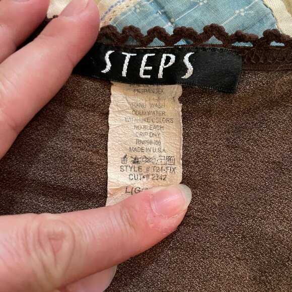 2000s y2k Steps Brand Deep V Wrap Alphabet Print Slinky Knit Bell Sleeve Large - Picture 10 of 16